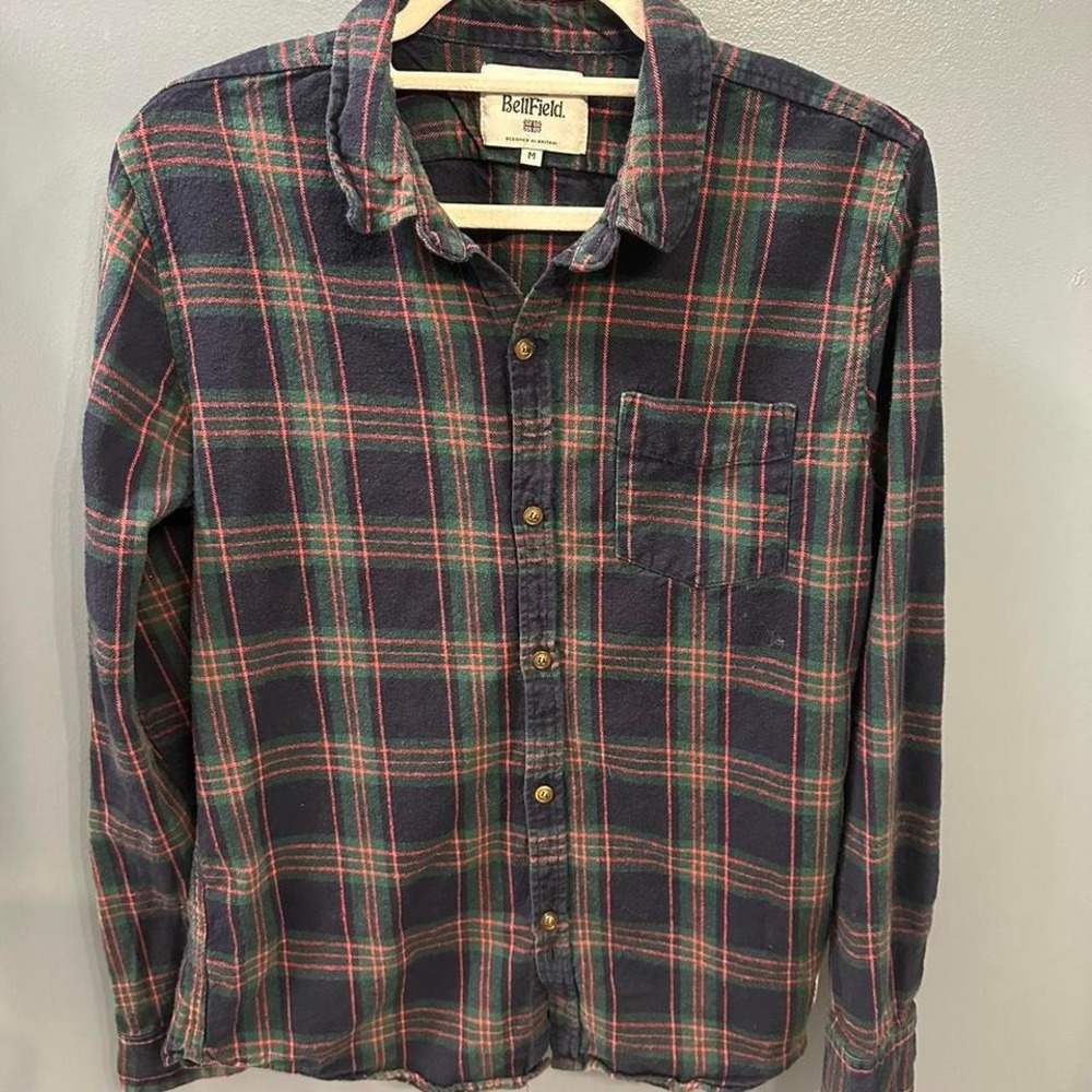 Bellfield Mens Medium Tartan Flannel Shirt Green & Red Button Down